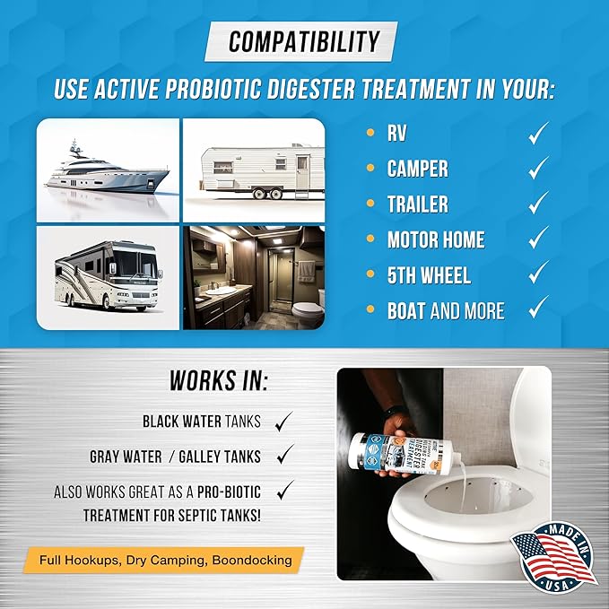 RV Black Tank Treatment Toilet Chemicals - 16 Treatments Waste Digester for Holding Tank, Gray Water Tank in RVs, Campers & Boat - Camper Toilet Sensor Cleaner, Sewer Deodorizer, 32oz - Made in USA