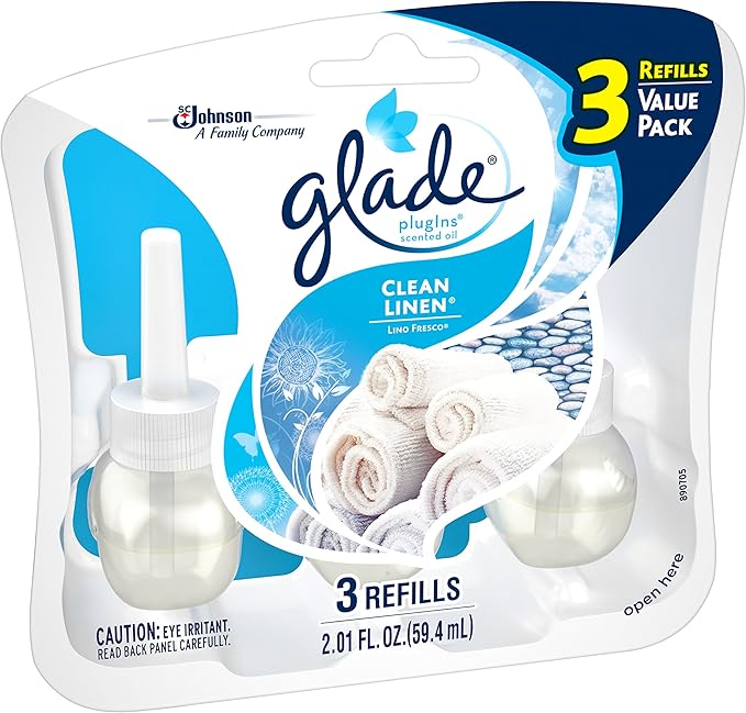 Glade PlugIns Refills Air Freshener Starter Kit, Scented and Essential Oils for Home and Bathroom, Clean Linen, 4.02 Fl Oz, 2 Warmers + 6 Refills