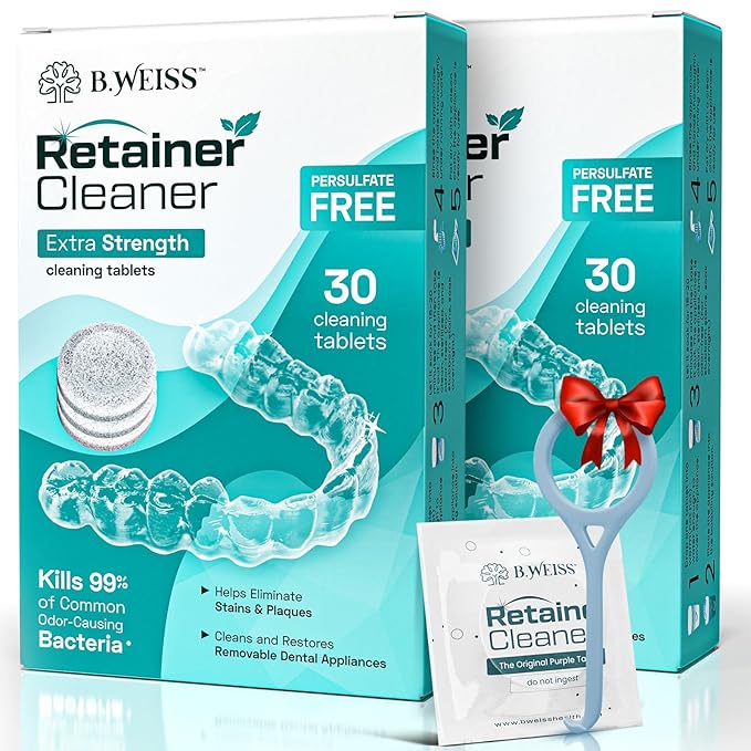 Weiss Naturals Retainer Cleaner Tablets, Invisalign Cleaner, Remove Stains, Odors & Plaque, PERSULFATE FREE Night Guard & Denture Cleaner 2-Month Supply, 60 Mint Scented Tablets