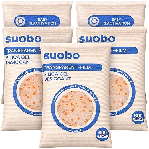 Transparent Film Desiccant Packs for Storage, 5 Packs 600 Gram Large Silica Gel Packets Reusable, Color Indicating Moisture Absorbers, Dehumidifier for Car, Safe, 3D Filaments, Closet