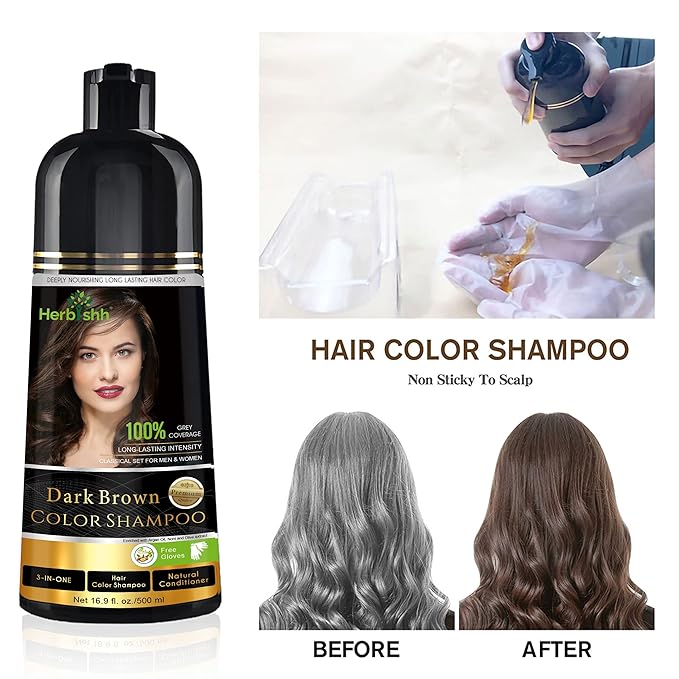Herbishh Hair Color Shampoo for Gray Hair Dark Brown 500 ML - Dye Shield or Defender - Hair Color Stain Remover Wipes - Travel Pack With 5 Wipes