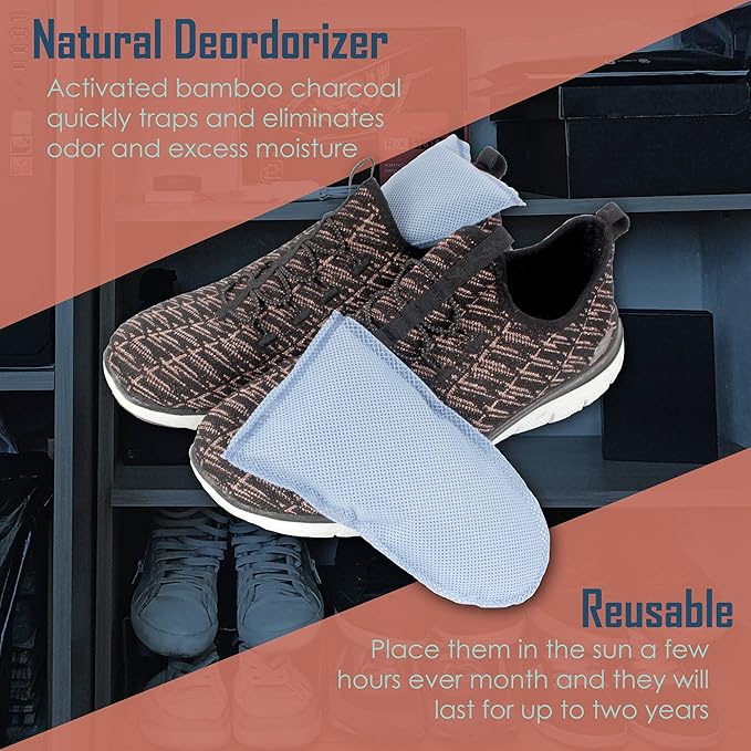 BambooMN Activated Bamboo Charcoal Odor Absorber Moisture Eliminating Shoe Inserts, 100g Per Pair, Black 10 Pairs