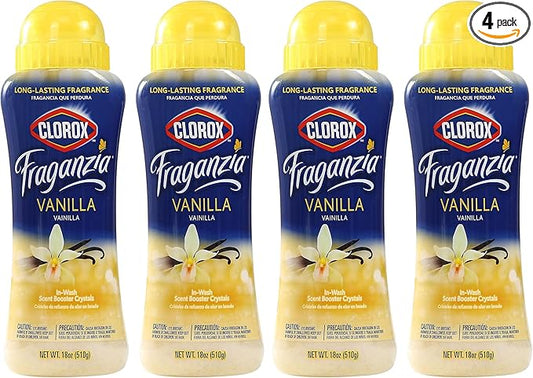 Clorox Fraganzia Laundry Scent Booster Crystals,In-Wash Fragrance Beads for Fresh-Smelling Clothes & Linens,Safe for All Fabrics & Colors,Easy-Pour Bottle,Vanilla Scent,18 Oz,(Pack of 4)