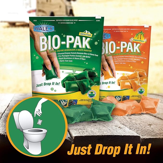 Walex Bio-Pak Black Holding Tank Deodorizer & Waste Digester Drop-Ins - Advanced Enzyme Formula for Rapid Breakdown of Waste & Paper, Removes Odors & Cleans Tank; Tropical Breeze, 10-Pack