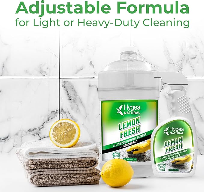 Hygea Natural Lemon Fresh All Purpose Cleaner - Chemical-Free - Removes Soil, Dirt & Grease - Wet Gloss Finish - Biodegradable, pH-Neutral & Ammonia Free (24oz Spray & 128oz Concentrated Gallon)