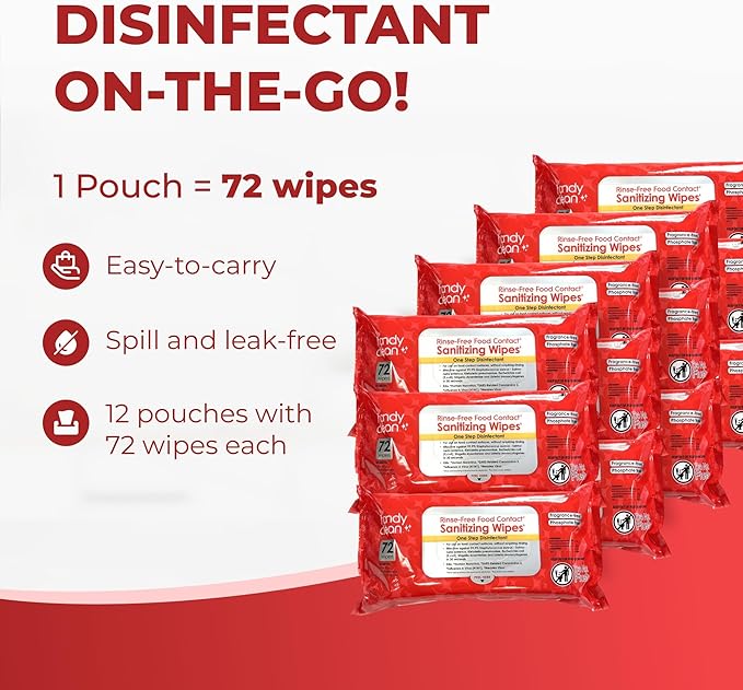 HandyClean Rinse-Free Food Contact Sanitizing Wipes Pouch, Multi Surface Cleaning Supplies for Kitchen and Professional Setting - 1 pack, 71 count