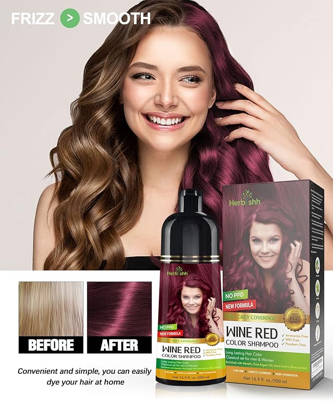 Herbishh Hair Color Shampoo for Gray Hair Wine Red 500 ML - Dye Shield or Defender - Hair Color Stain Remover Wipes - Travel Pack With 5 Wipes