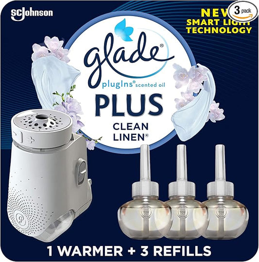 Glade PlugIns Plus Refills Air Freshener Starter Kit, Clean Linen, Scented and Essential Oils for Home and Bathroom, 0.67 Fl Oz, 1 Warmer + 3 Refills