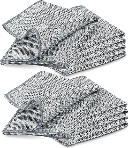 YinQin 10 PCS Double Layer Stainless Steel Scrubber Wire Dishwashing Cloth Non Scratch Stainless Steel Mesh Dish Cleaning Cloth 20x20cm Metallic Wire Cleaning Rag Towel for Kitchen Dish Sink Stove Top