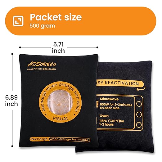 ADSorbco 500 Gram (2 Pack) Rechargeable Desiccant Packs for Storage, Rechargeable Silica Gel Packets, Color Indicating Desiccant Packs for Suitcase, Storage Bins, 3D Filaments, Electronics, Cars