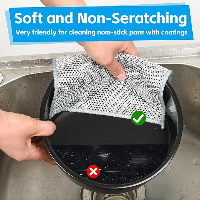 12Pack Multipurpose Wire Dishwashing Rags, Upgrade Non Scratch Wire Dishcloth, for Wet and Dry Use, Reusable Metal Scrubbing Microfiber Clean Cloths for Home/Kitchen/Stove