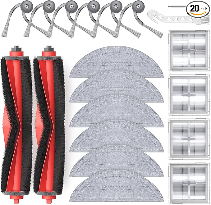 20Pcs Q10 S5+ Accessories for Roborock Q10 S5 / Q10 S5+ Robot Vacuum, Replacement Parts with 2 Main Brush, 6 Mop Pads, 4 HEPA Filters, 6 Side Brushes, 2 Tools