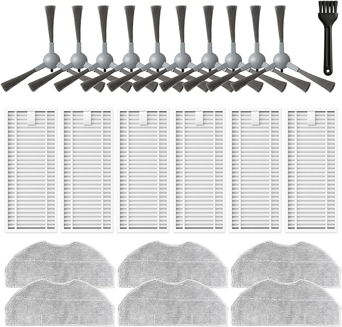 Accessories Kit for ROPVACNIC S1, for Tipdiy G90, for betboyles V75S, for VIPSUN Z1, for PrettyCare C2 Robot Vacuum Replacement Parts, 10 Side Brush, 6 HEPA Filter, 6 Mop Pad