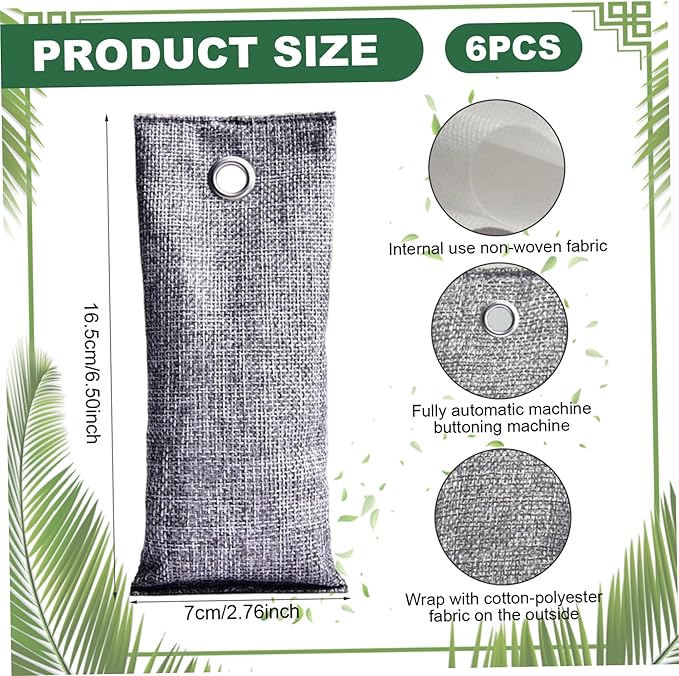 Activated Charcoal, 6Pcs Activated Charcoal Odor Absorbers, 7x3" Cotton Bag Bamboo with Hanging Hole for Clean Footwear, Shoe Odor Remover, Absorber