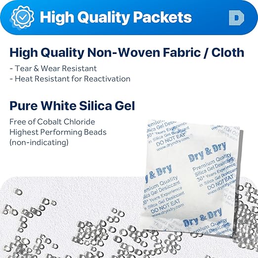 Dry & Dry 50 Gram [100 Packets] Silica Gel Packets Desiccants, Silica Packets - Rechargeable Moisture Absorbers for Food Storage, Electronics, 3D Filament & Safes