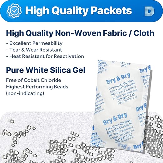 Dry & Dry 100 Gram [30 Packets] Silica Gel Packets Desiccants, Silica Packets - Rechargeable Moisture Absorbers for Food Storage, Electronics, 3D Filament & Safes