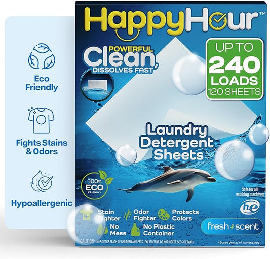 HAPPY HOUR Laundry Detergent Sheets Value Pack with up to 240 Loads, Non Toxic Laundry Sheets Detergent Soap for Sensitive Skin, Recyclable Eco Friendly, Perfect for Travel - Fresh Scent