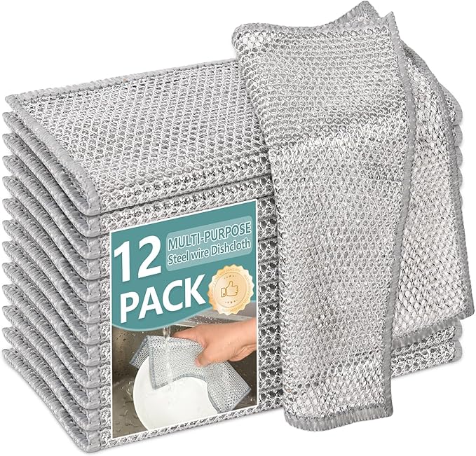 12Pcs Multipurpose Wire Dishwashing Cloths, Non-Scratch Wire Dishcloths, Double Layer & Wet & Dry Cleaning Cloths, Steel Mesh Cleaning Rags for Dishes/Metal/Home/Kitchen