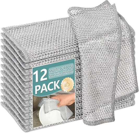 12Pcs Multipurpose Wire Dishwashing Cloths, Non-Scratch Wire Dishcloths, Double Layer & Wet & Dry Cleaning Cloths, Steel Mesh Cleaning Rags for Dishes/Metal/Home/Kitchen