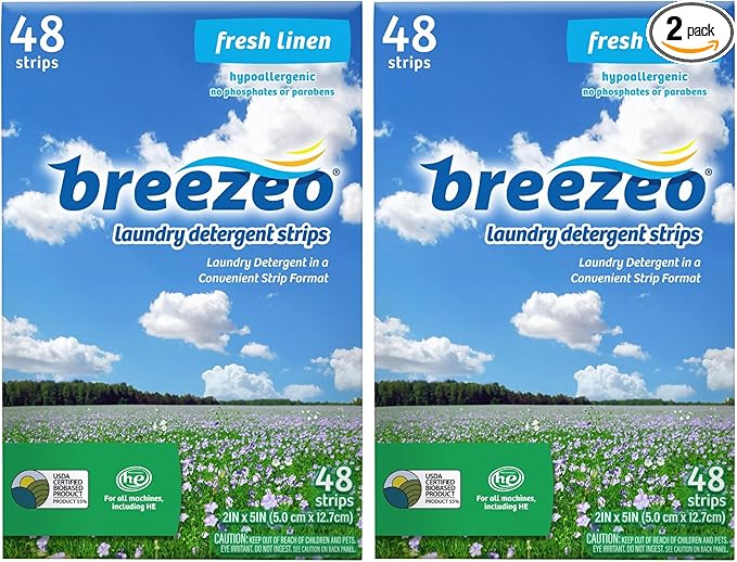 Breezeo Laundry Detergent Strips (48 strips) - Fresh Linen Scent - More Convenient than Pods, Pacs, Liquids or Powders – Great for Home, Dorm, Travel, Camping & Hand-Washing (Pack of 2)