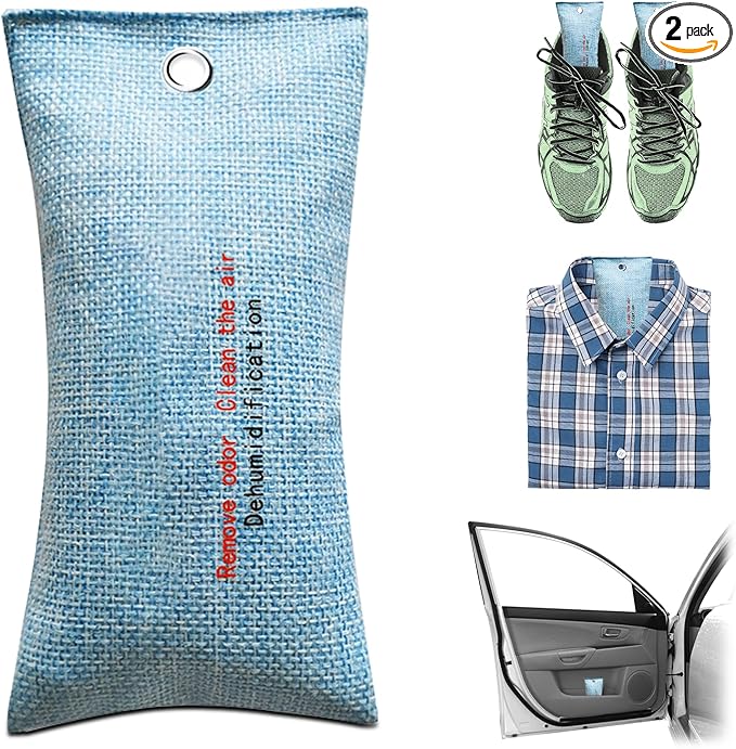 2 Bags Natural Air Purifying Bag | Bamboo Charcoal Odor Absorber for Home & Car | Closet Odor Eliminator, Small Room Deodorizer & Car Air Freshener | Charcoal Bags (75g light blue, Unscented)