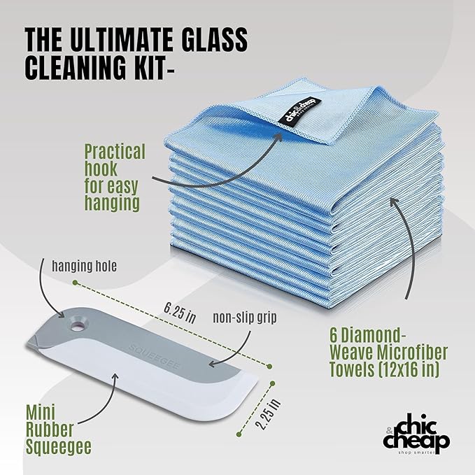 Wipe&Go Streak-Free Glass Cleaning Kit – 6 Diamond-Weave Microfiber Towels (12x16 in) & Mini Rubber Squeegee – Lint-Free Polishing Set for Windows, Mirrors, Car Windshields & Kitchen Sinks
