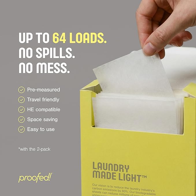 Proofed! Laundry Detergent Sheets, 64 Count, Fragrance-Free, The Only 100% Plastic-Free Sheet, No PVA or PVOH, Hypoallergenic, Bio-Based Ingredients, 1 Box