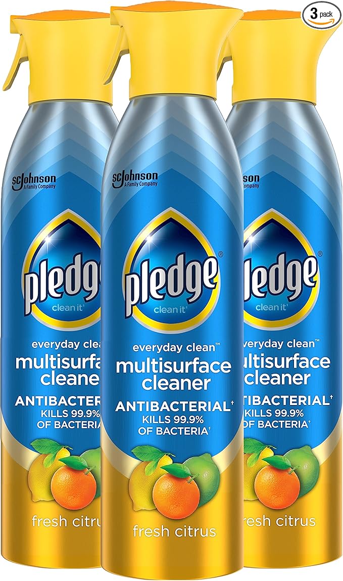 Pledge Antibacterial Multisurface Cleaner Spray, Wood Furniture, Stainless Steel, and Electronics Cleaner, Sanitizes as Cleans, Remove Dust and Messes - Fresh Citrus Scent, 9.7oz, Pack of 3