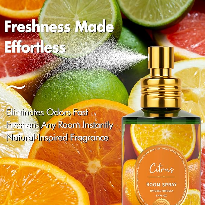 Citrus Room Spray 2 Pack, 3.4oz/100ml Each – Long-Lasting Air Freshener & Odor Eliminator for Home, Bathroom, Bedroom & Office, Concentrated Room Spray