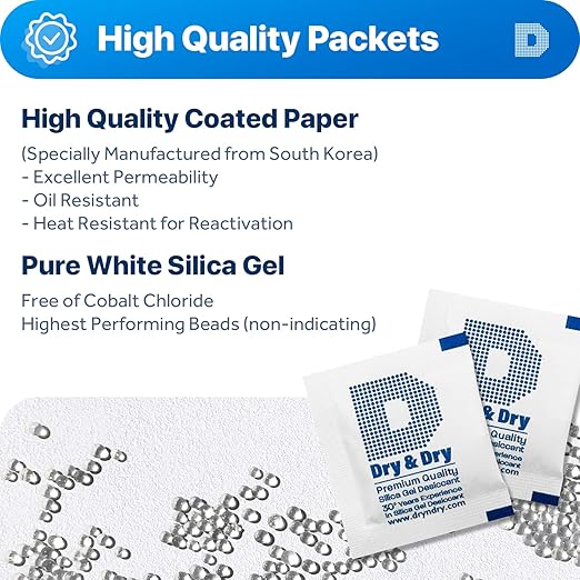 Dry & Dry 3 Gram [100 Packets] Silica Gel Packets Silica Gel Desiccants, Silica Gel Packs - Rechargeable Moisture Absorbers for Food Storage, Electronics, 3D Filament & Safes