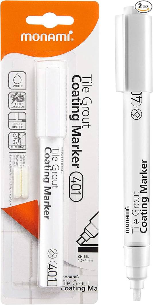 MONAMI Tile Grout Coating Marker 401, Chisel Tip (1.5~4mm), Repair Marker with Replaceable Nib Tips to Restore Grout Lines, White, 1 Marker + 2 Extra Tips