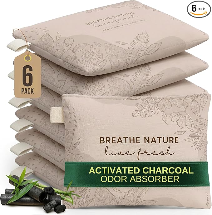 Activated Bamboo Charcoal Bags Odor Absorber for Strong Odor (6 Pack) - Air Purifying Bag & Closet Deodorizer - Car Odor Eliminator - Bamboo Charcoal Freshener for Home, Car, Bathroom & Shoes
