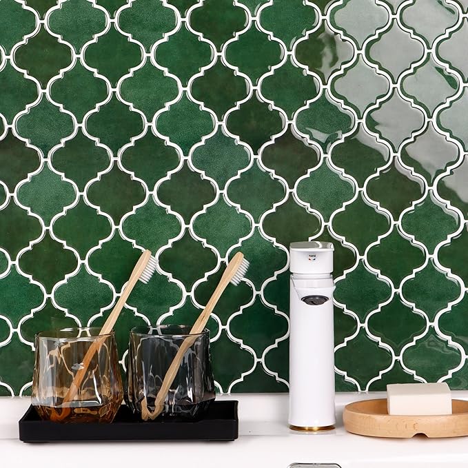 Arabesque Peel and Stick Backsplash for Kitchen, Thicker Design 3D Self Adhesive Wall Tiles, 12"x12" Adhesive Wall Backsplash, Green 10-Sheet Stick on Tile for Kitchen and Bathroom