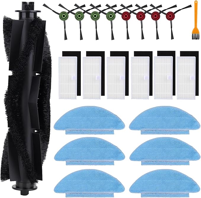22pcs Replacement Part Kit for Tikom L9000 L8000,Lubluelu SL60D, Laresar L6 Nex ,HONITURE Q6 SE Robot Vacuum, 1 Main Roller, 8 Side Brush, 6 Hepa Filter, 6 Mop Cloths,1 Cleaning Brush Accessories