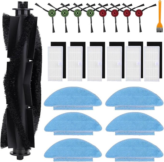 22pcs Replacement Part Kit for Tikom L9000 L8000,Lubluelu SL60D, Laresar L6 Nex ,HONITURE Q6 SE Robot Vacuum, 1 Main Roller, 8 Side Brush, 6 Hepa Filter, 6 Mop Cloths,1 Cleaning Brush Accessories