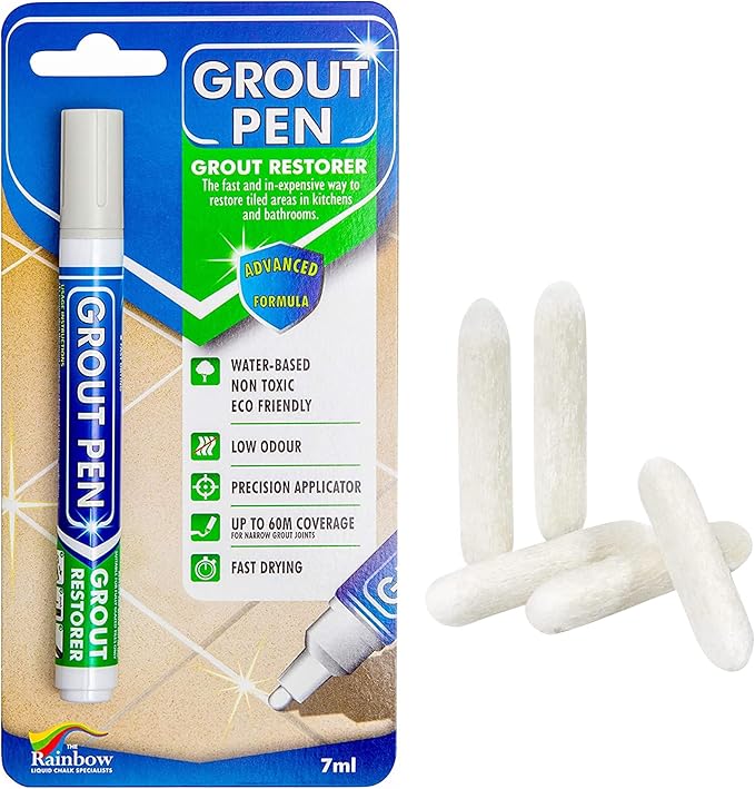 Grout Pen Tile Paint Marker: Winter Grey Narrow 5mm with 5 Pack Replacement Tips - Waterproof Grout Colorant and Sealer Pen to Renew, Repair, and Refresh Tile Grout - Cleaner Coating Stain Pens