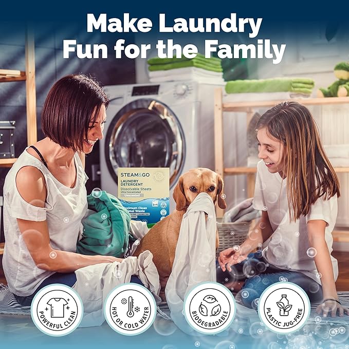 Steam & Go 3-in-1 Dissolvable Laundry Detergent Sheets - Hypoallergenic & Fragrance-Free - Unscented, 30 Count