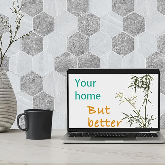 Thickened Hexagon Peel and Stick Tile Backsplash, New Upgrade Mixed Grey Waterproof Stick on Backsplash, Self-Adhesive Marble Tiles for Kitchen,Bathroom and Bedroom，10-Sheet.