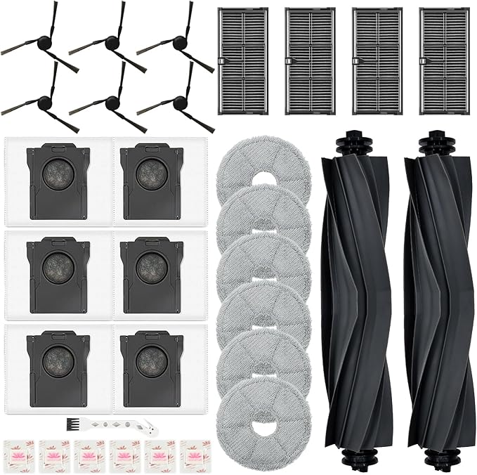 Replacement Kit for Mova E40 Ultra Robot Vacuum, 2 Main Brushes, 4 Filters, 6 Mop Pads & Dust Bags & Scented Tablets & Side Brushes, 1 Cleaning Brush