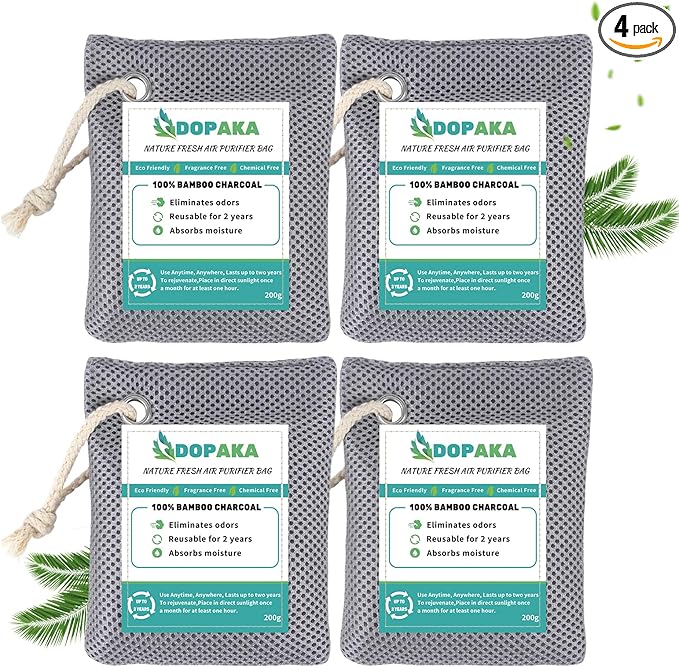 Nature Fresh Air Purifier Bags, Activated Charcoal Air Purifying Bag,Moisture Absorber,odor eliminator,Natural Car Air Freshener,Shoe Deodorizer,Odor Eliminators For Home, Pet, Closet (200g*4)