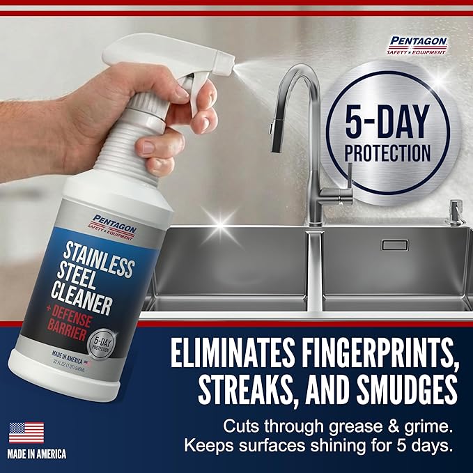PENTAGON SAFETY EQUIPMENT Stainless Steel Cleaner (32oz) – Non-Toxic, Streak-Free & Alcohol-Free | 5 Day Protection | Removes Fingerprints | Made in USA