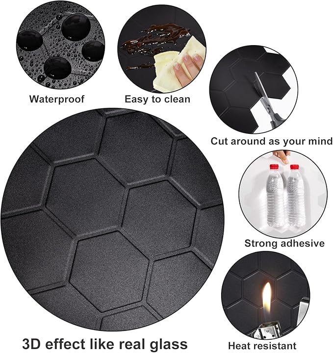 Matte Black Hexagon Peel and Stick Wall Tiles for Kitchen, Large Design 10-Sheet Stick on Backsplash for Bathroom, Kitchen, RV, etc（12''×12''）.