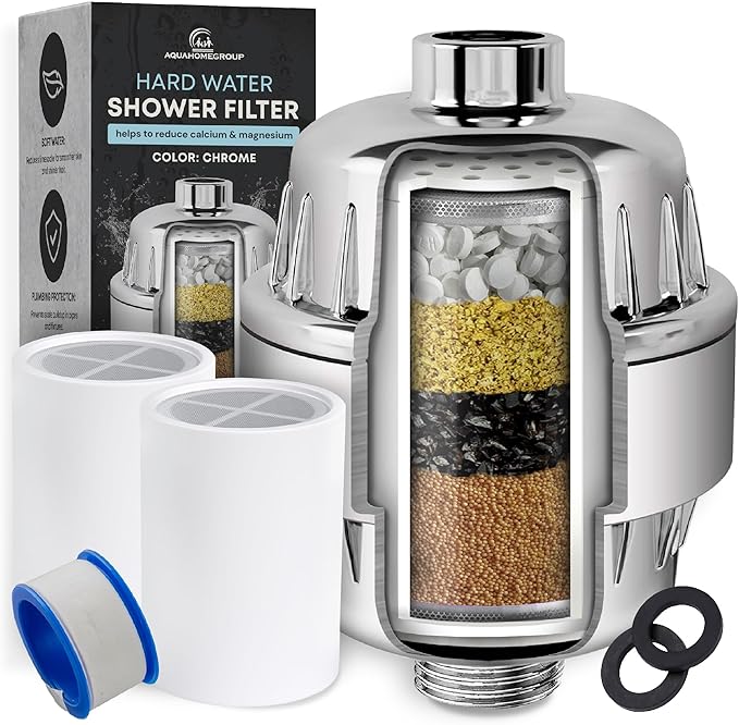 AquaHomeGroup Shower Head Filter (2 Cartridges Included) – High-Pressure Shower Filter for Particle Build up & Residue Reduction – 5 Stage Filtration with Resin, Carbon & KDF – Universal Fit