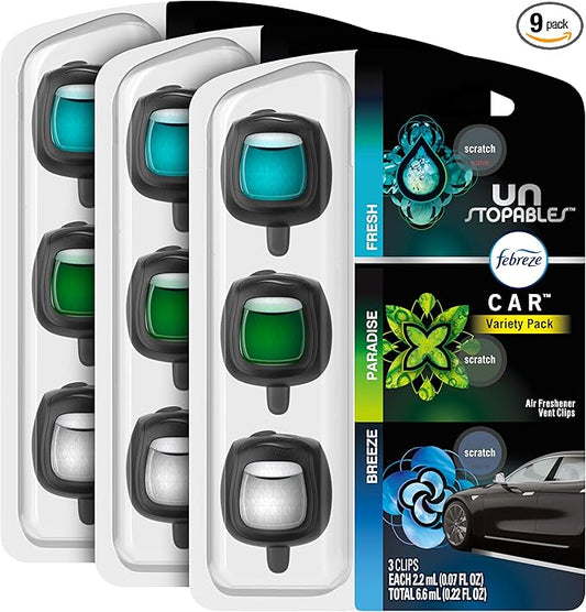 Febreze Car Air Freshener Odor-Fighting Car Vent Clip, Unstopables Variety Pack, 3-Count Pack of 3