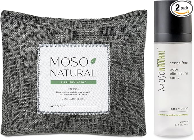 Moso Natural Scent-Free Odor Elimination Clean Car Set (1) Scent-Free Car Air Freshener Spray & (1) Moso Bamboo Charcoal Air Purifying Bag