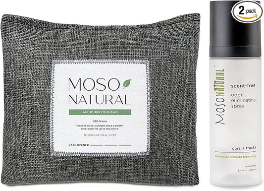 Moso Natural Scent-Free Odor Elimination Clean Car Set (1) Scent-Free Car Air Freshener Spray & (1) Moso Bamboo Charcoal Air Purifying Bag