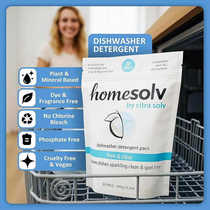 Homesolv Dishwasher Detergent Pods Free and Clear - Plant and Mineral Based Dish Washer Tablets for Spotless Dishes - Eco Friendly Dishwasher Pods - (20 Count 1-Pack)