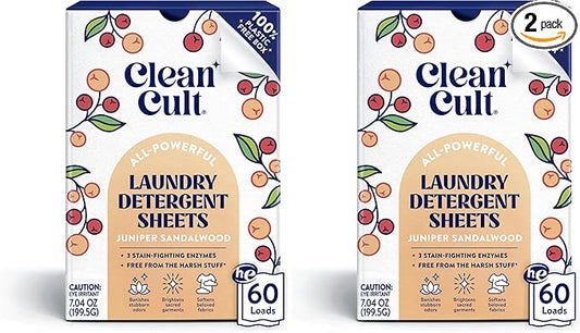 Cleancult Laundry Detergent Sheets - Resealable Box - 3 Stain Fighting Enzymes - Juniper Sandalwood - 60 Loads - Free of Harsh Chemicals - No Mess - No Plastic Waste (Pack of 2)