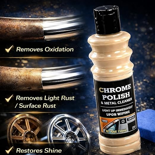 Chrome Polish & Metal Cleaner for Cars, 5.07 fl oz/150ml, All Metal Polish for Golf Clubs, Jewelry, Silver, Brass, Aluminum, Copper, Stainless Steel & Various Metal Surfaces