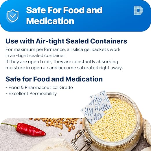 Dry & Dry 1 Gram [50 Packets] Silica Gel Packets Desiccants, Silica Packets - Rechargeable Moisture Absorbers for Food Storage, Electronics, 3D Filament & Safes